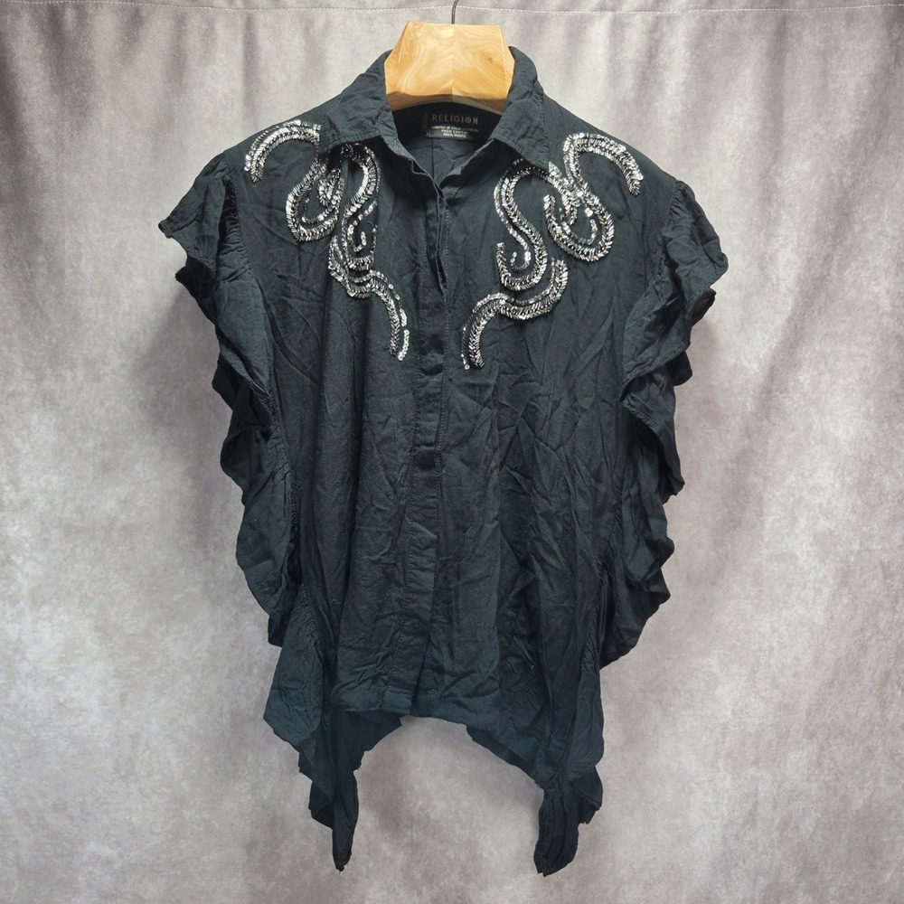 Religion Black Sleeveless Ruffle Sequin Embellished beads Top sz XS/8/36 Viscose